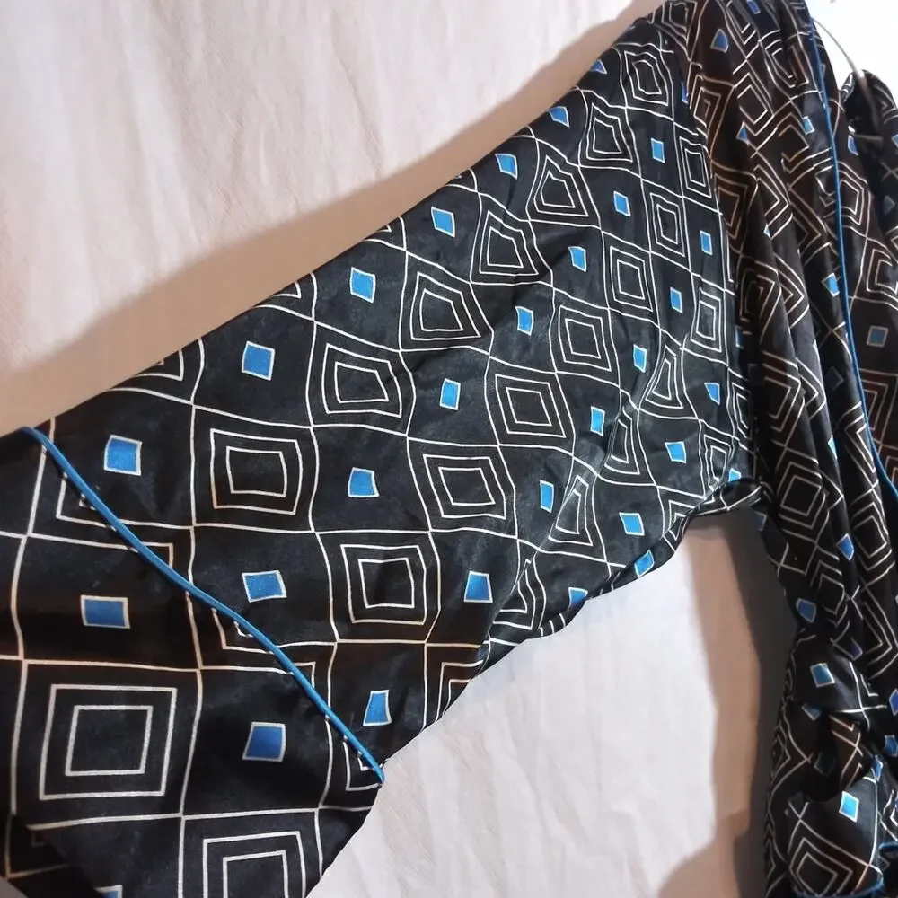 Vintage Victoria's Secret Silky Satin Geometric Patterned Black Blue Robe  Xs/S